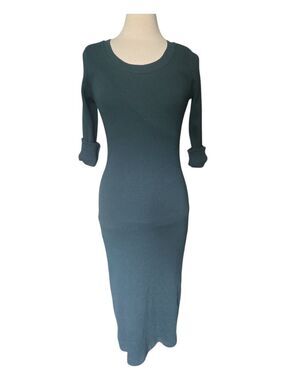 VTG 80s 90s Gaccina Deep Teal Green Rib-Knit 3/4 Sleeve Sheath Dress